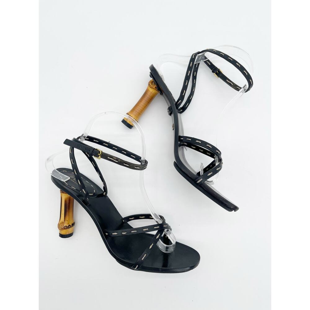 Gucci S/S 2002 Tom Ford Black Bamboo Heel Lace Up Wrap Sandal Heels US 7.5 - Picture 7 of 16